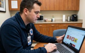 an EMT searching the web for a coupon or promo discount on the food industry