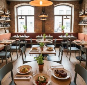 A contemporary casual Italian bistro dining room with stylish tables and plated modern Mediterranean dishes.