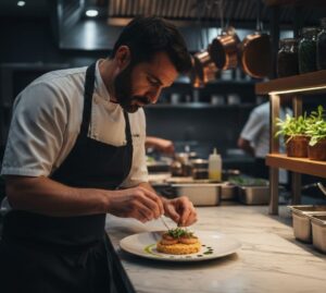 A professional Italian chef plating a refined dish in a high-end kitchen.