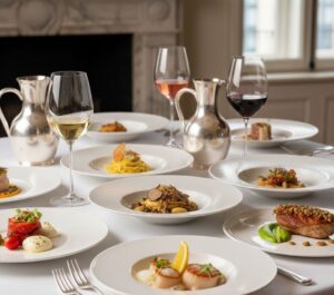 An elegant tasting menu spread of Italian fine-dining dishes with wine pairings on a white-linen table.