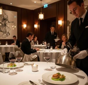 A refined dining room with attentive staff serving elegantly plated courses.