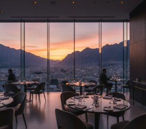 A sleek fine-dining interior overlooking a panoramic city and mountain skyline at sunset.