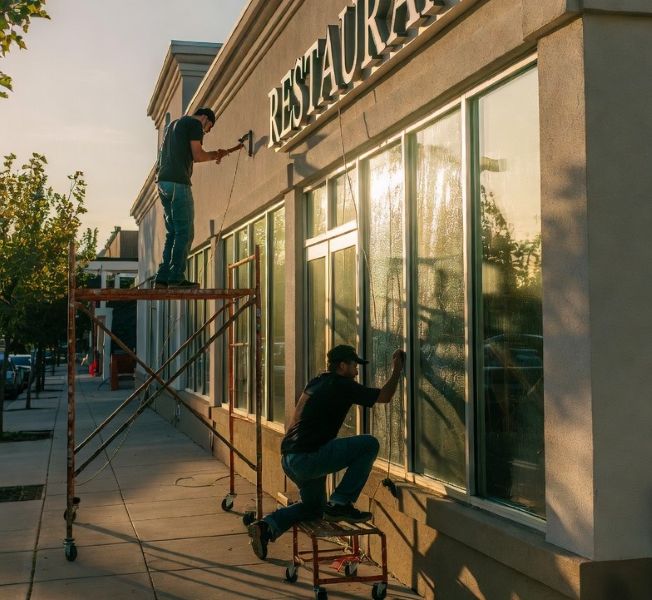 workers cleaning a restaurant facade